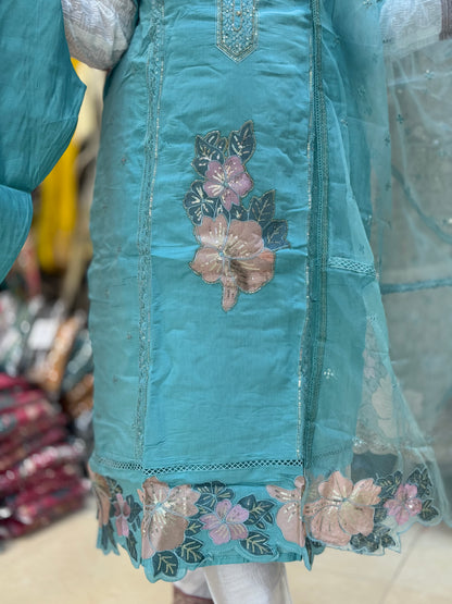 SEA GREEN THREAD EMBROIDED WITH ROMAN SILK BY INDIPEHNAWA