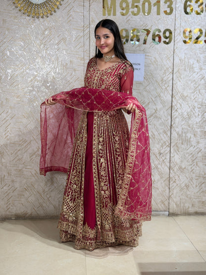 HOT PINK ORIGNAL MIIRROR WORK FRONTCUT FULL FLAIR LEHNGA