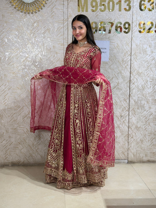 HOT PINK ORIGNAL MIIRROR WORK FRONTCUT FULL FLAIR LEHNGA