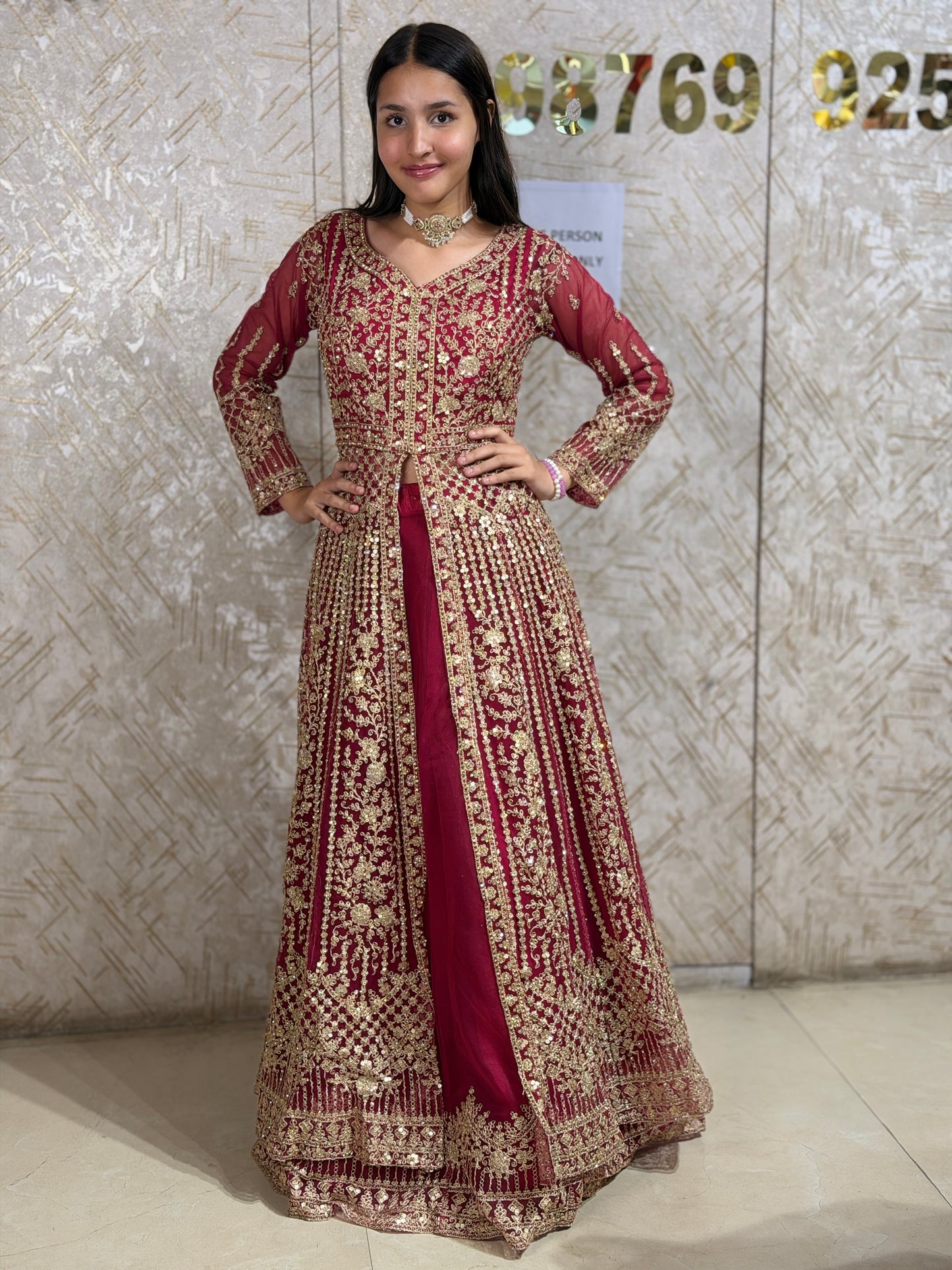 HOT PINK ORIGNAL MIIRROR WORK FRONTCUT FULL FLAIR LEHNGA