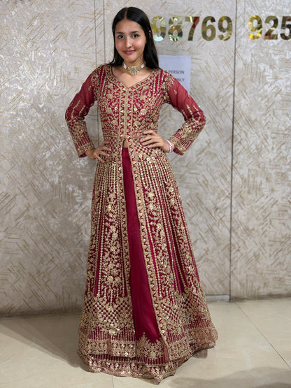 HOT PINK ORIGNAL MIIRROR WORK FRONTCUT FULL FLAIR LEHNGA
