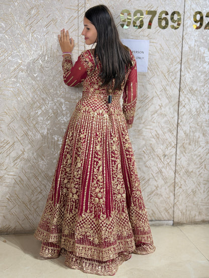 HOT PINK ORIGNAL MIIRROR WORK FRONTCUT FULL FLAIR LEHNGA