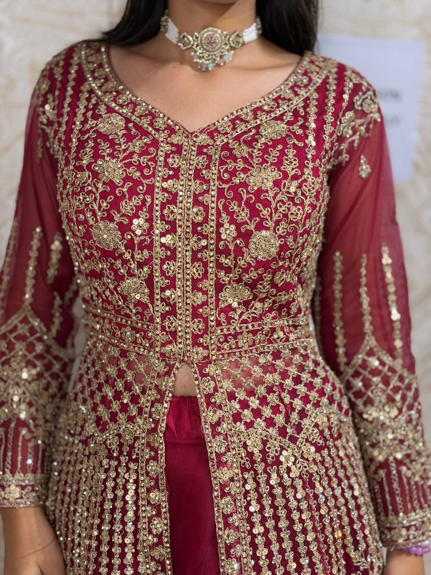 HOT PINK ORIGNAL MIIRROR WORK FRONTCUT FULL FLAIR LEHNGA