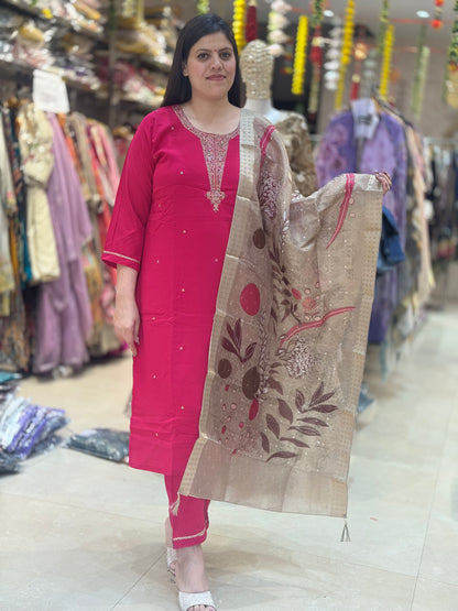 Orange Pure Fabric Suit With Banarsi Dupatta(P7EL0004)