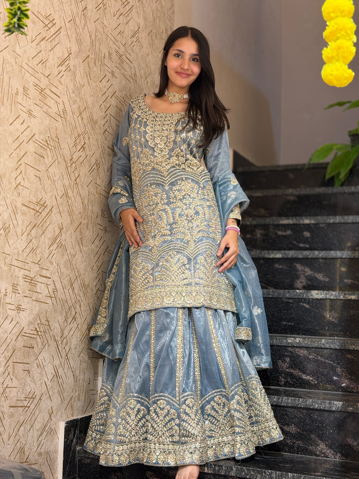 STEEL GREY GOLDEN TILLA WORK WITH PEARL LEHENGA