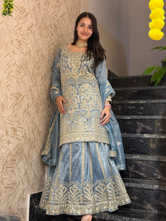 STEEL GREY GOLDEN TILLA WORK WITH PEARL LEHENGA
