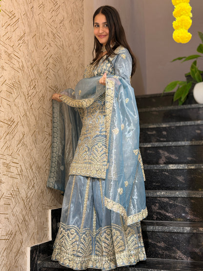 STEEL GREY GOLDEN TILLA WORK WITH PEARL LEHENGA