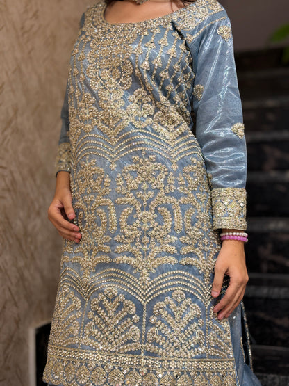 STEEL GREY GOLDEN TILLA WORK WITH PEARL LEHENGA