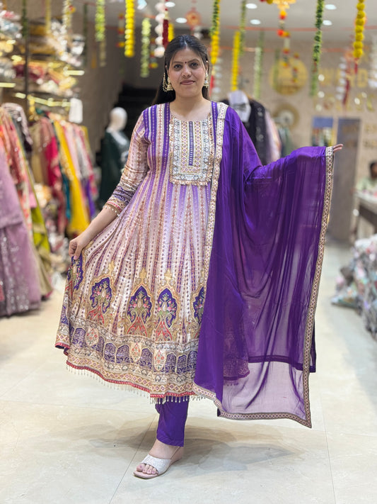 PREMIUM CREPE PURPLE AND IVORY DIGITAL ANARKALI