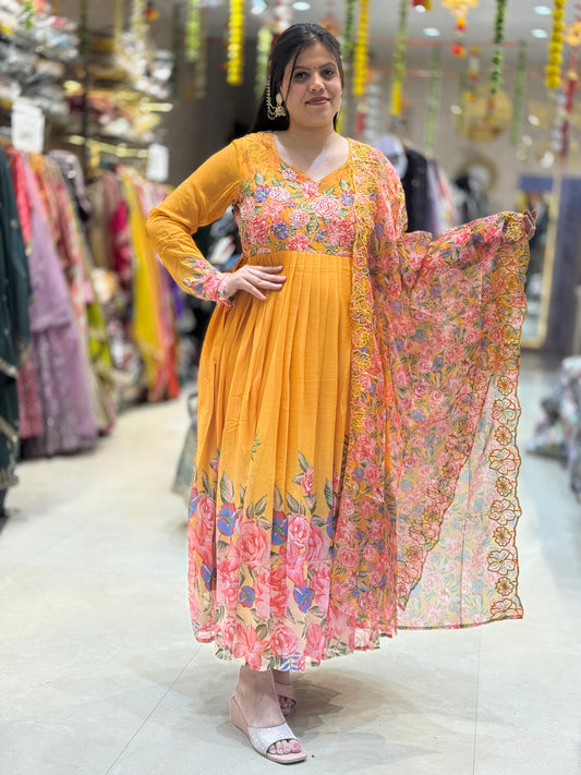 MUSTARD CHIFFON GEORGETTE ANARKALI WITH ORGANZA DUPPTA