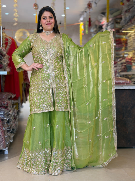 GREEN SHIRT AND BOTTOM DESIGN WITH PEARL WORK FRONT CUT JAFFA SUIT