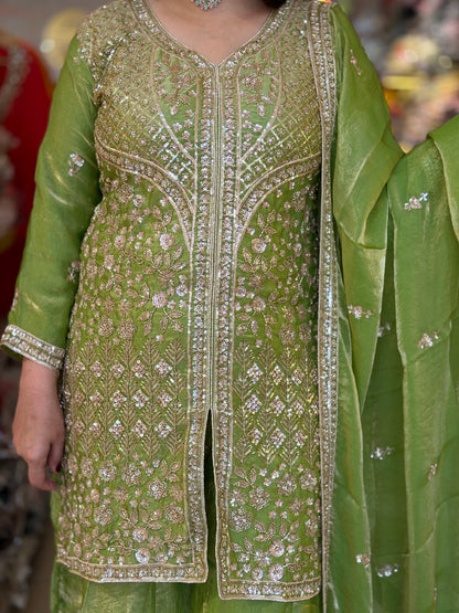 GREEN SHIRT AND BOTTOM DESIGN WITH PEARL WORK FRONT CUT JAFFA SUIT