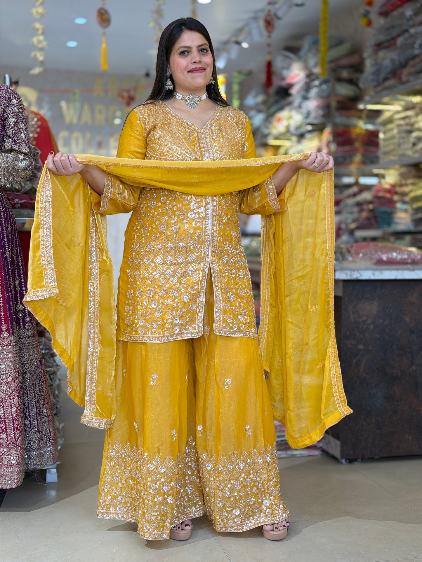 YELLOW SHIRT AND BOTTOM DESIGN WITH PEARL WORK FRONT CUT JAFFA SUIT