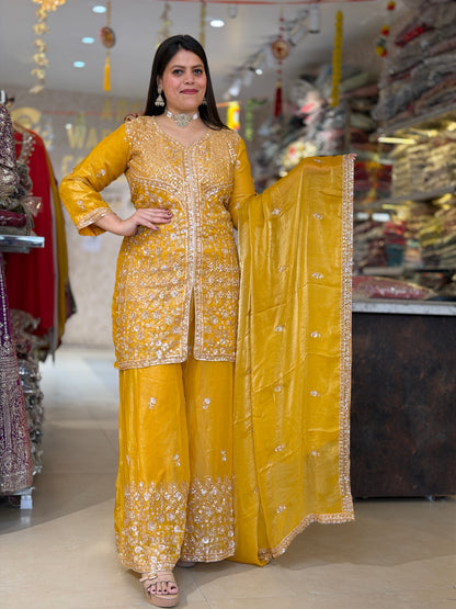 YELLOW SHIRT AND BOTTOM DESIGN WITH PEARL WORK FRONT CUT JAFFA SUIT