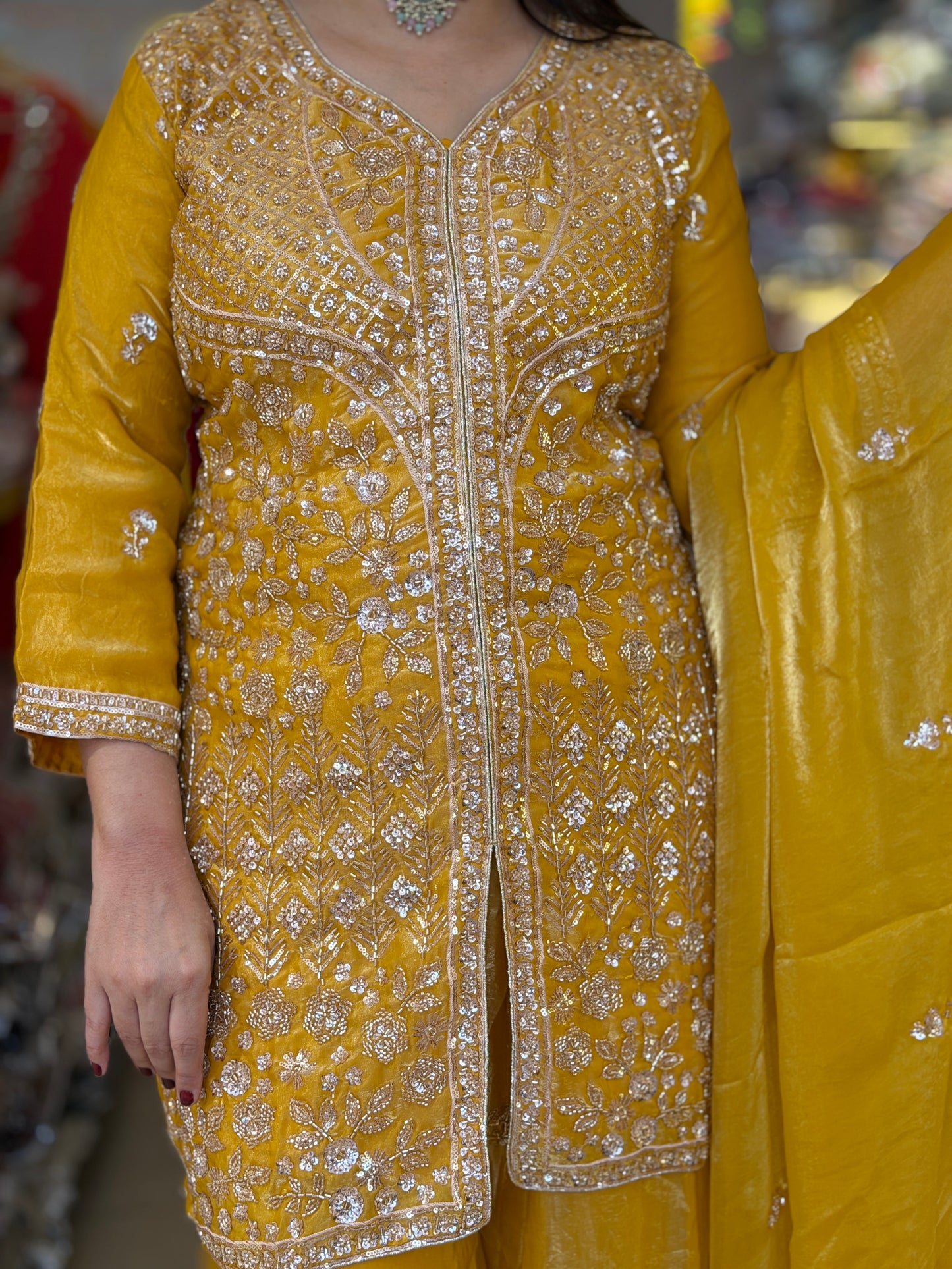 YELLOW SHIRT AND BOTTOM DESIGN WITH PEARL WORK FRONT CUT JAFFA SUIT