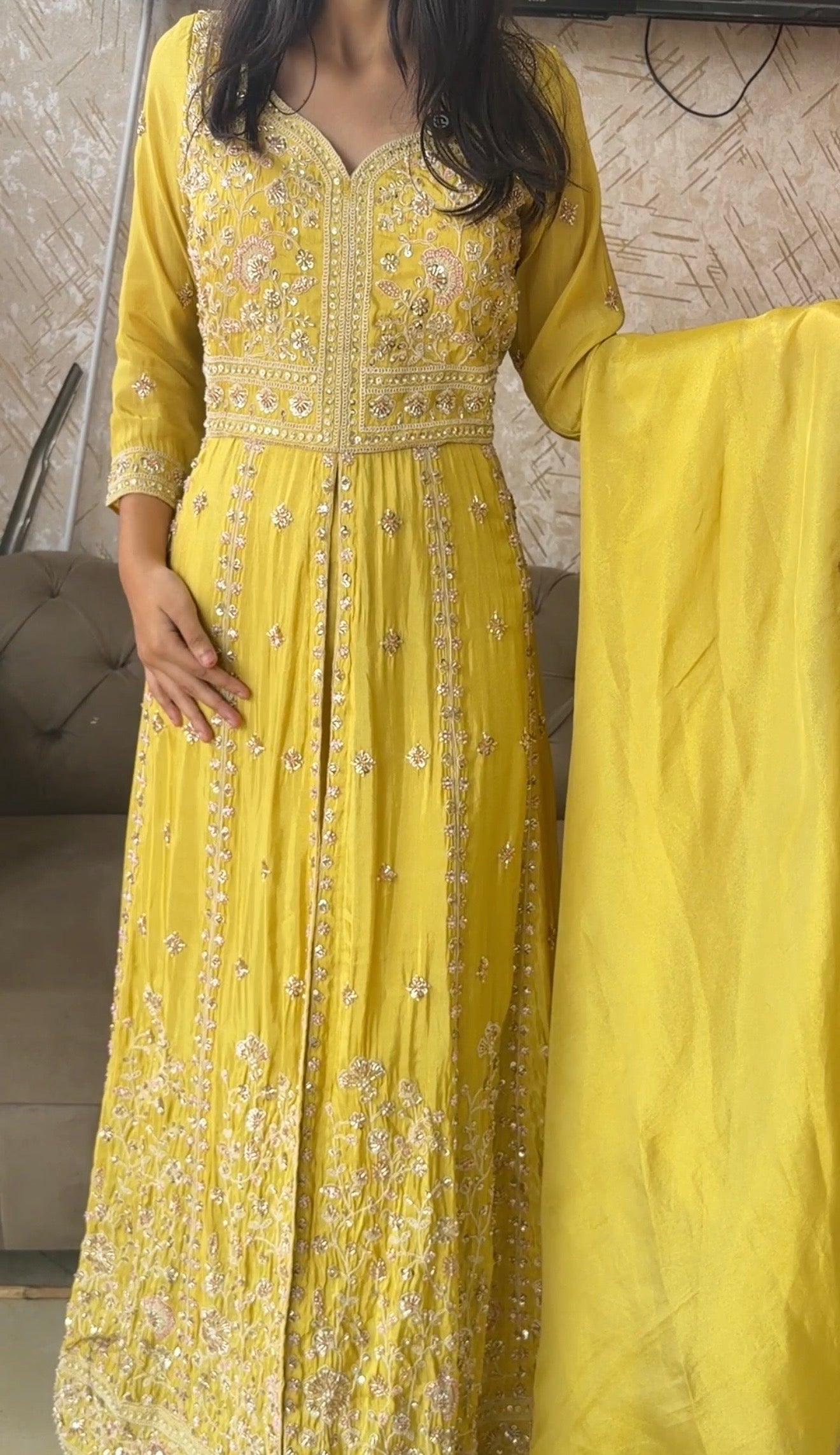 PURE CHINON SILVER SIPPI AND TILLA WORK FRONT CUT ANARKALI