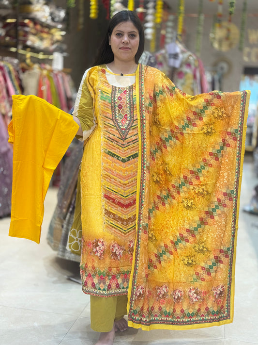 PREMIUM CRAPE STONE WORK MULTI COLOURED PLAZO SUIT