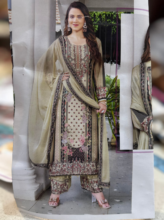 BLACK IVORY PURE CRAPE DESIGNER MIRROR WORK SUIT