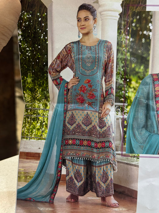 PREMIUM PURE CRAPE MIRROR WORK SKY SHADE SUIT