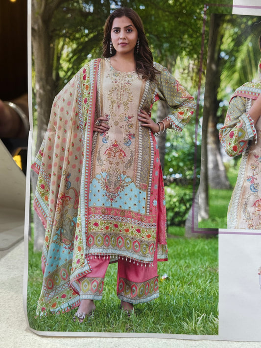 PINK WITH IVORY PURE CRAPE DESIGNER MIRROR WORK SUIT