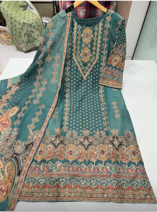 PEACOCK GREEN WITH CRAPE EMBROEDED SUIT
