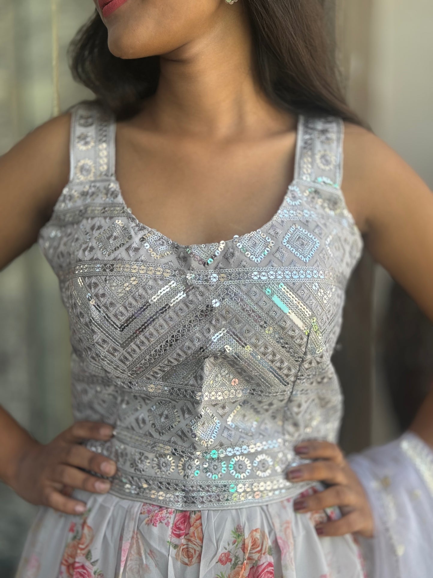 Steel Grey Floral Butterfly Georgette Lehenga (Leh: 001)