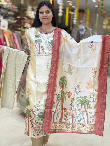 ROYAL AND DESIGNER ANTIQUE IVAORY WITH ORANGE BANARSI SUIT WITH PEARL WORK