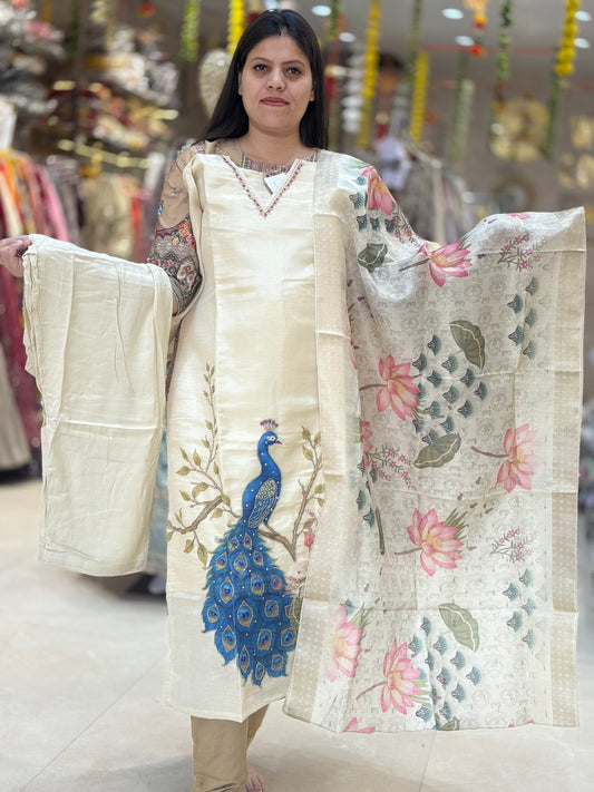 DESIGNER FULL EMBROEDED HOT SELING PEACOCK IVORY BANARSI 3 PEICE SUIT