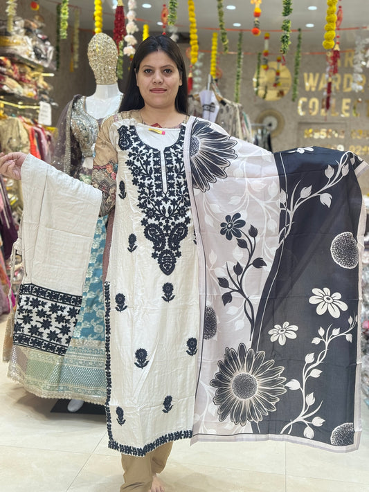 BEAUTIFUL MOCHA STRAIGHT SUIT WITH DIGITAL DUPPTA AND LAKHNAVI THREAD WORK