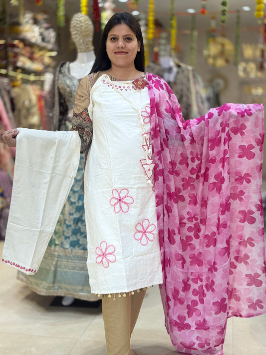 BEAUTIFUL SLEVELESS 3D PURE COTTON WITH EMBROIDED SUIT