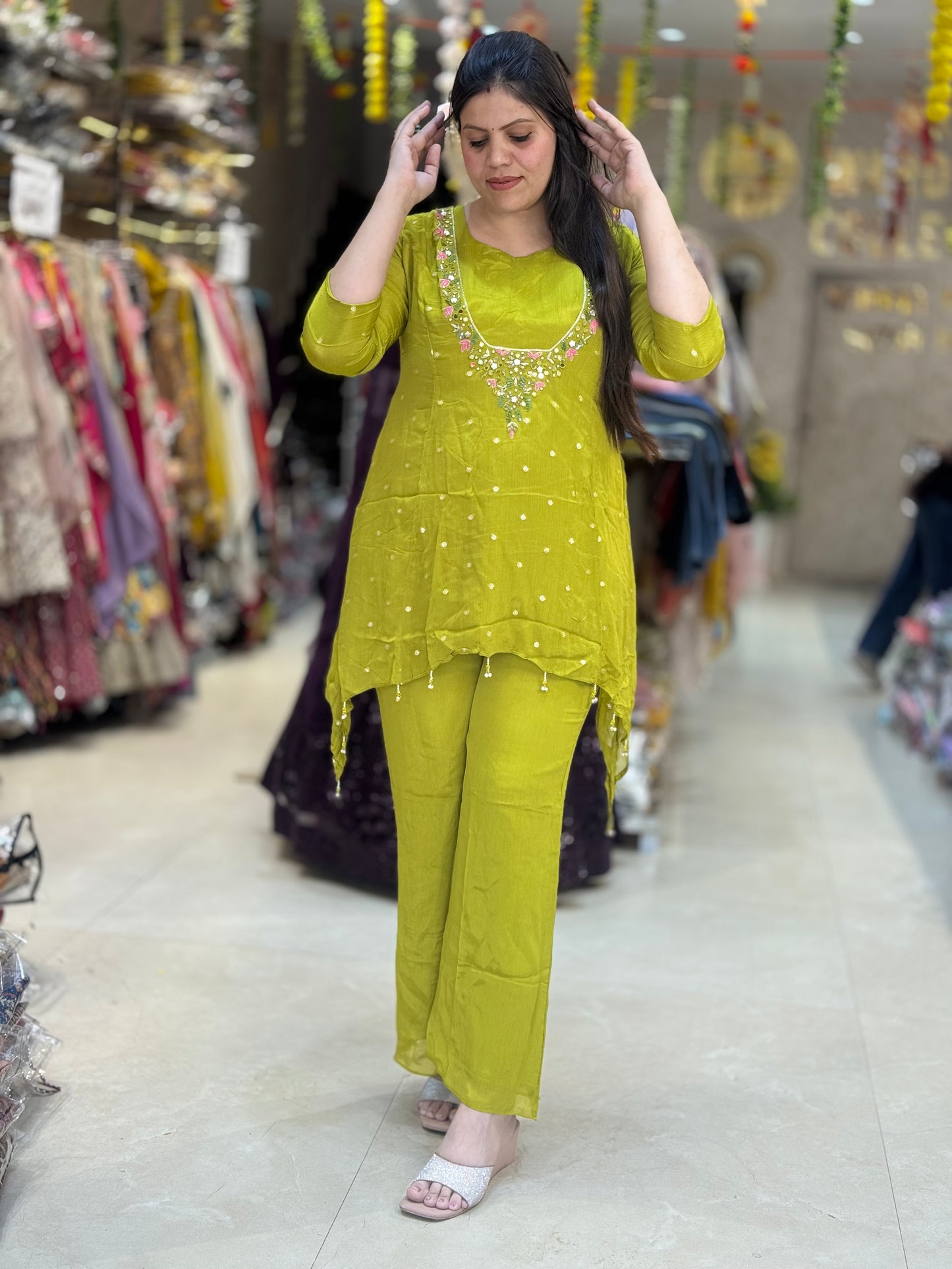 NEON PURE CHINON EMBROEDED  A LINE CORDSET WITH DESIGNER NECK