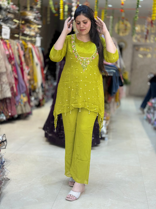NEON PURE CHINON EMBROEDED  A LINE CORDSET WITH DESIGNER NECK