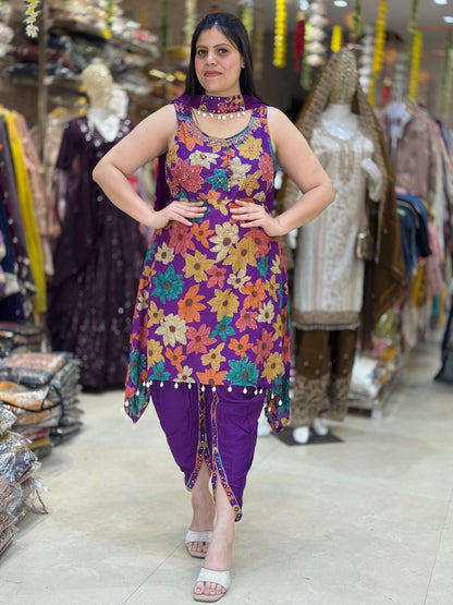 PURPLE CRUSH COTTON DESIGNER SUIT WITH TULIP PANT
