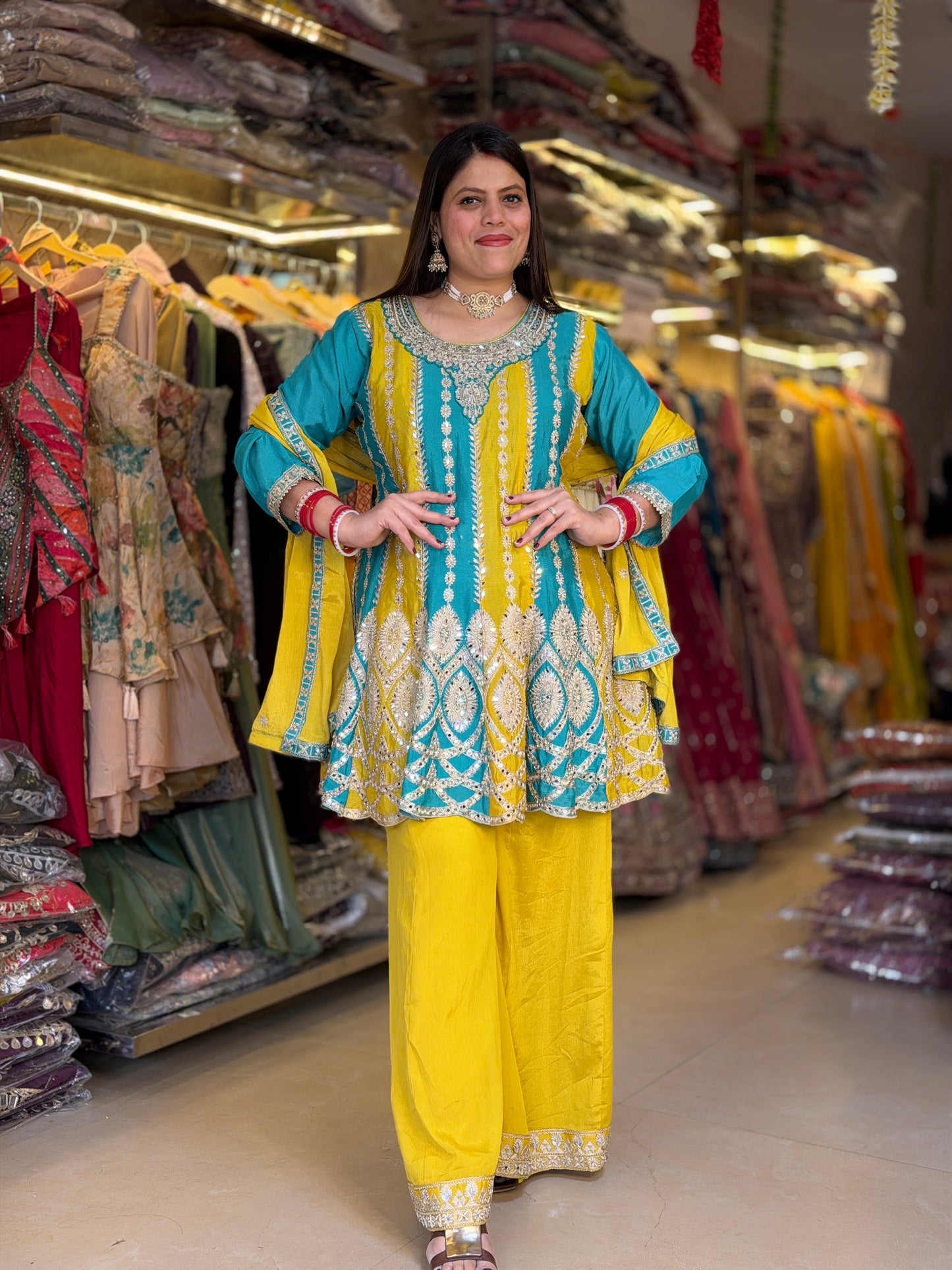 YELLOW DUEL SHORT PEPLUM WITH PLAZO BEAUTIFUL DUPPTA