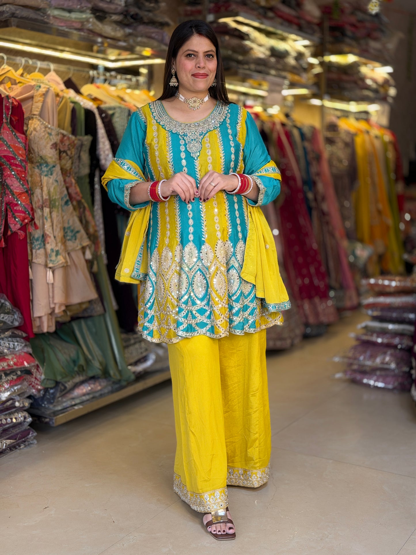 YELLOW DUEL SHORT PEPLUM WITH PLAZO BEAUTIFUL DUPPTA