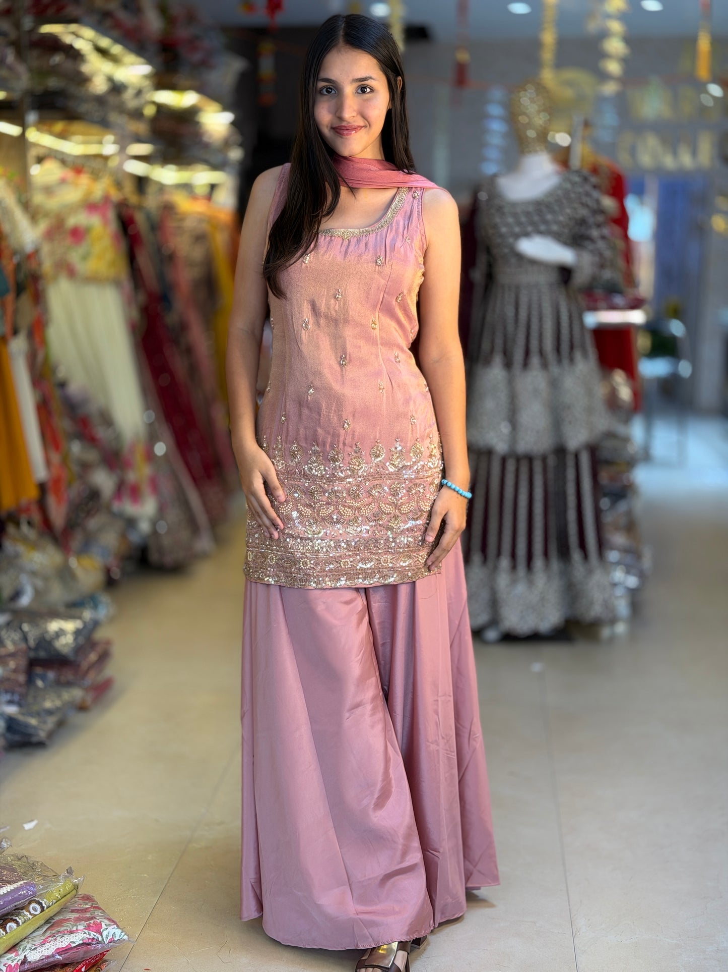 NUDE PINK NECK WORK TILLA AND PEARL WORK JAFFA SUIT