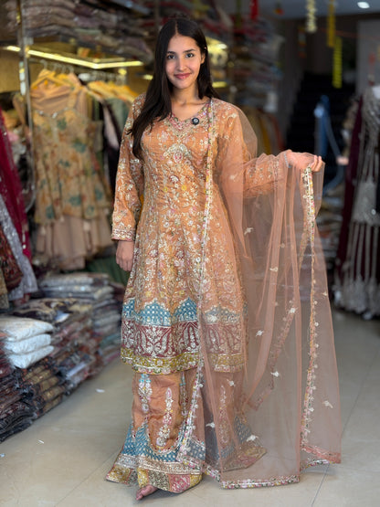 RUST WITH SKY BLUE DESIGN PEARL WORK ANARKALI