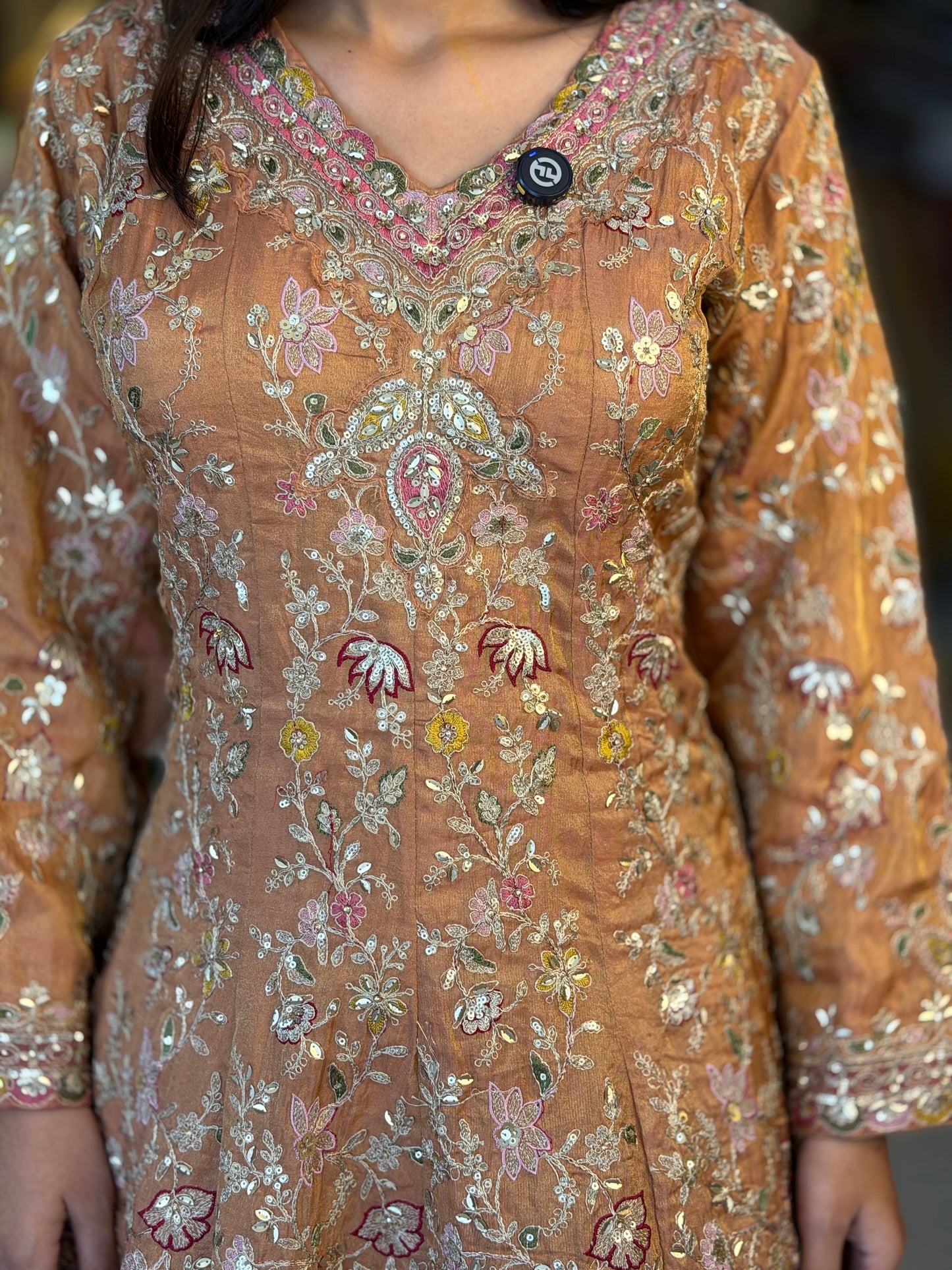 RUST WITH SKY BLUE DESIGN PEARL WORK ANARKALI