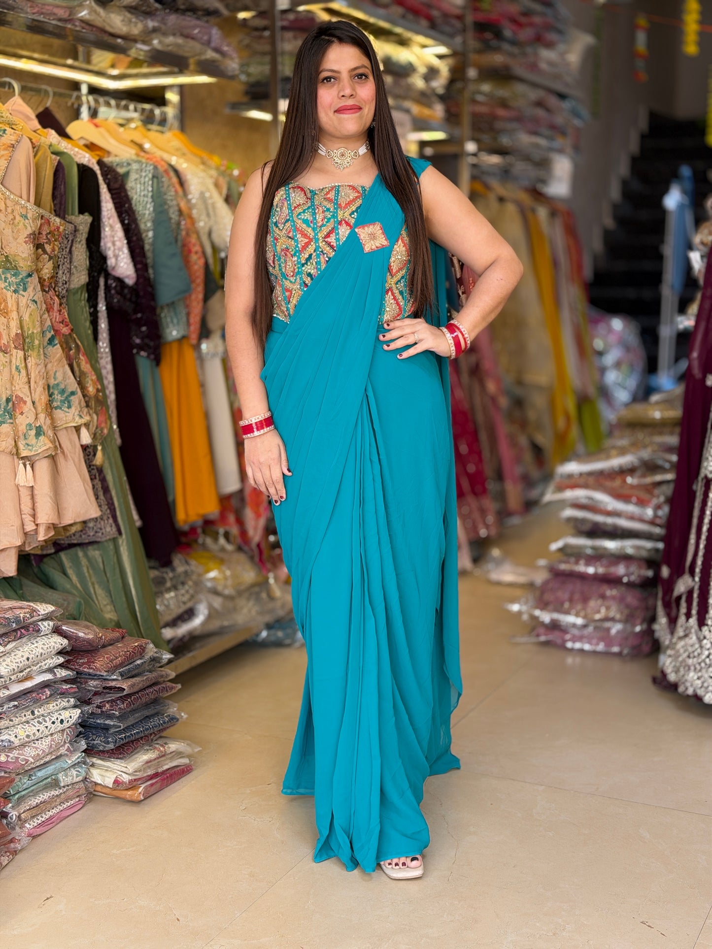SEA GREEN CORDTOP DESIGNER DRAPE SAREE IN GEORGET