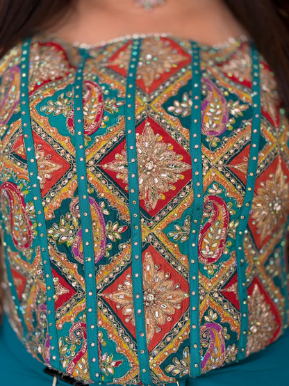 SEA GREEN CORDTOP DESIGNER DRAPE SAREE IN GEORGET