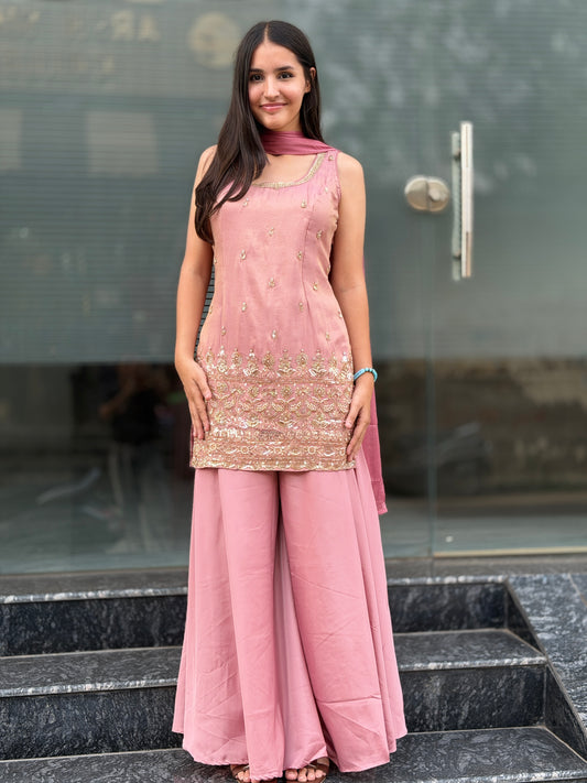 NUDE PINK NECK WORK TILLA AND PEARL WORK JAFFA SUIT