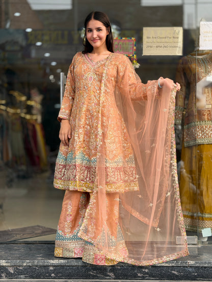 RUST WITH SKY BLUE DESIGN PEARL WORK ANARKALI