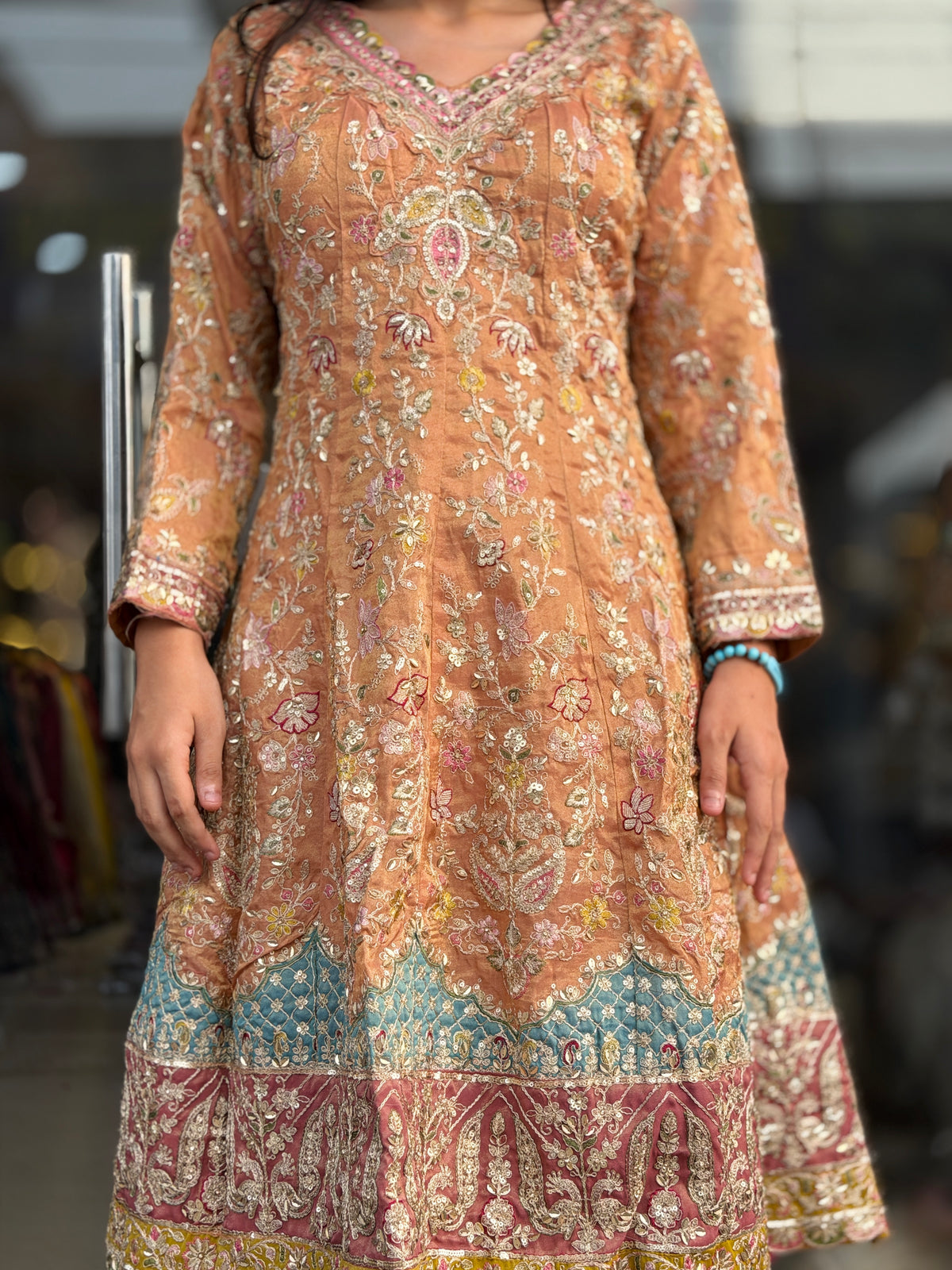 RUST WITH SKY BLUE DESIGN PEARL WORK ANARKALI
