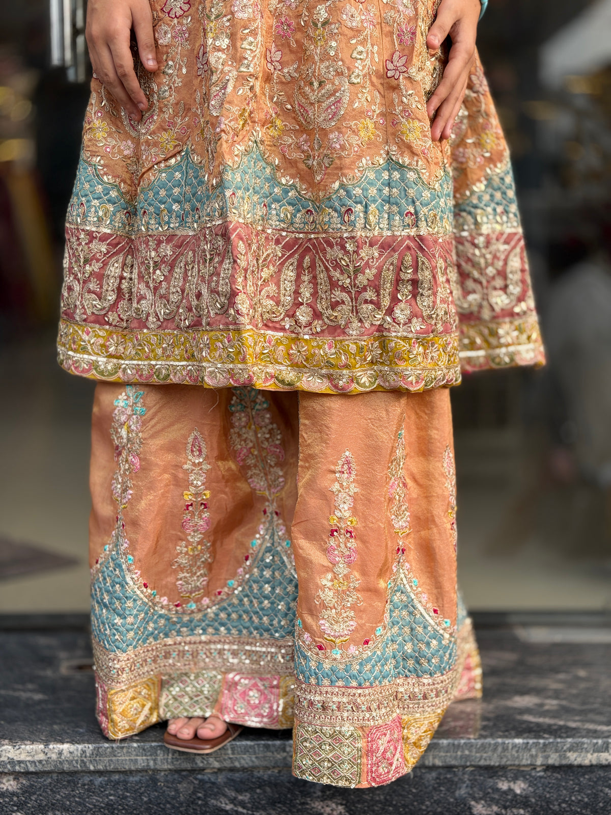 RUST WITH SKY BLUE DESIGN PEARL WORK ANARKALI