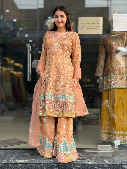 RUST WITH SKY BLUE DESIGN PEARL WORK ANARKALI