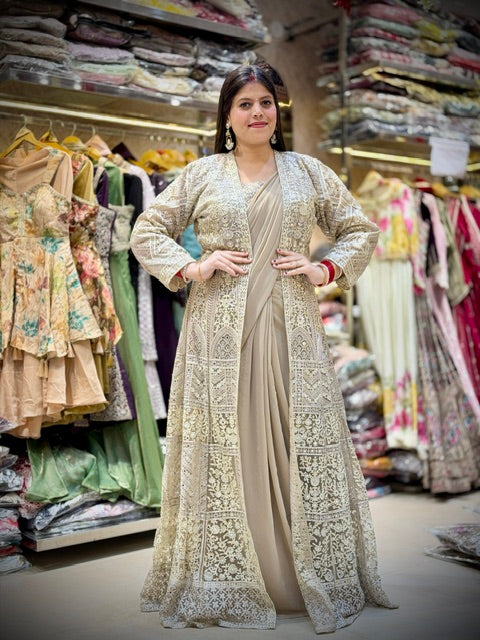 MOUSE SILVER PERALWORK BLOUSE WITH CAPE DESIGN SAREE
