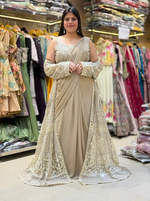 MOUSE SILVER PERALWORK BLOUSE WITH CAPE DESIGN SAREE
