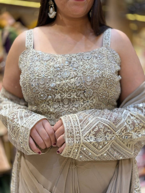 MOUSE SILVER PERALWORK BLOUSE WITH CAPE DESIGN SAREE