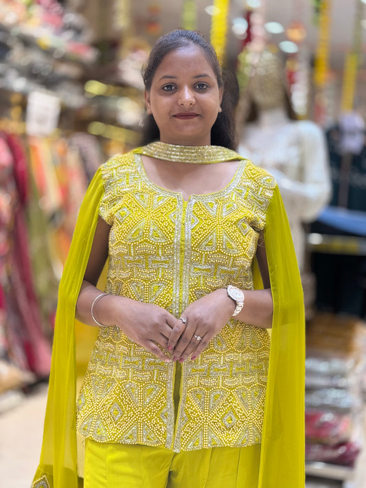 NEON GEORGET PEARL WORK WITH DESIGNER SLEEVES DRESS