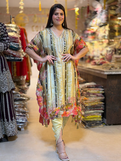 IVORY WITH MULTI COLOURED KAFTAAN DESIGN WITH TULIP